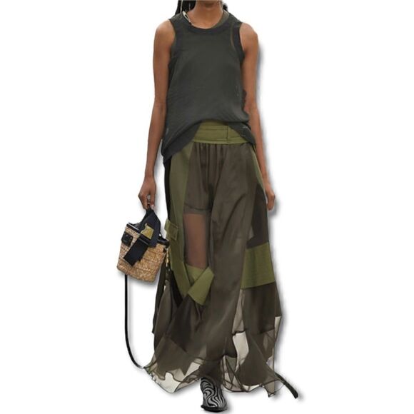 Sacai Paneled Asymmetric Satin, Velvet, Twill And Chiffon Wrap Maxi Skirt - Picture 1 of 14